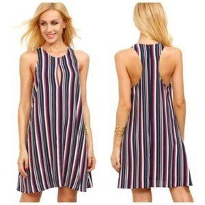 Privacy Please Womens Striped Keyhole Racerback Swing Dress XS Navy Blue Mini